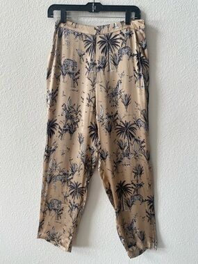 Vintage Biba Silk Straight Leg Pant Safari Leopard Giraffe Palm-Print Size 14